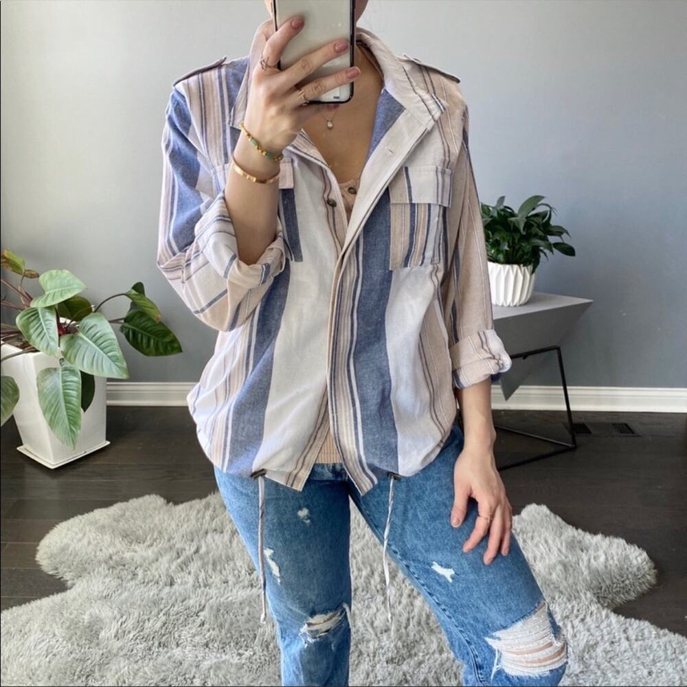 Striped Lightweight Button Down Jacket Size Large - image 2